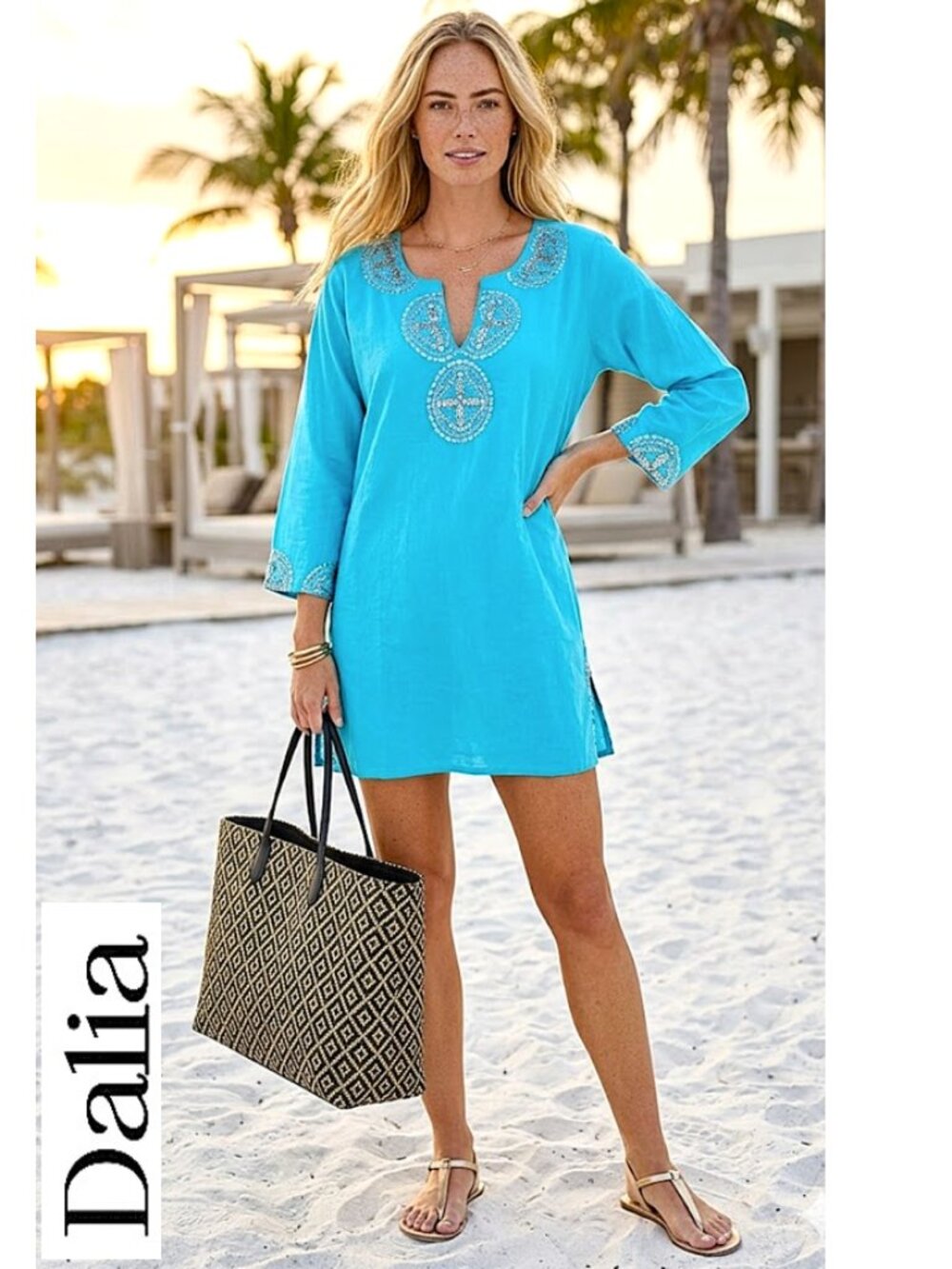 DALIA - Beautiful 100% cotton turquoise tunic/beach cover with silver beading